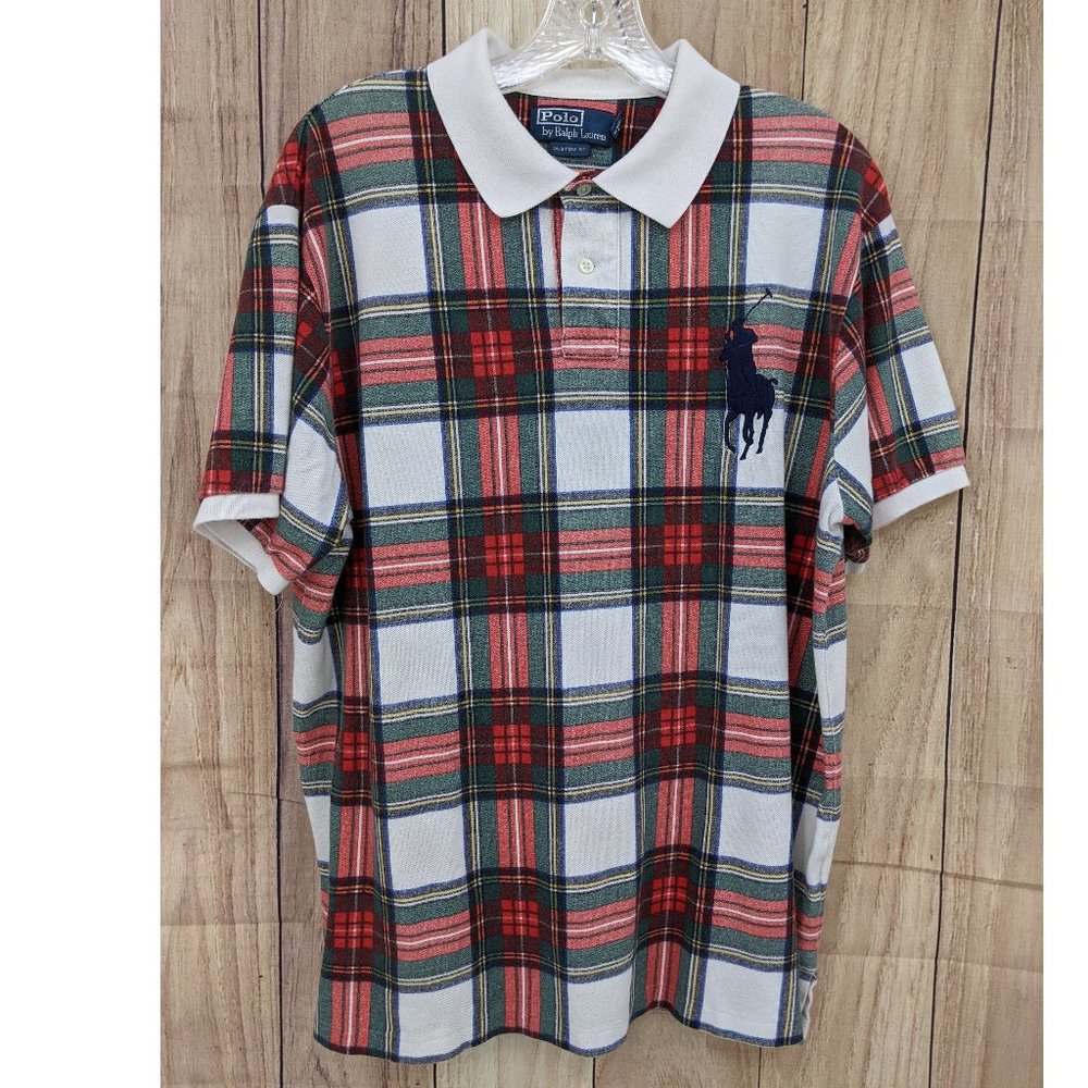 POLO RALPH LAUREN Vtg Plaid Polo Shirt Custom Fit Big Pony XL